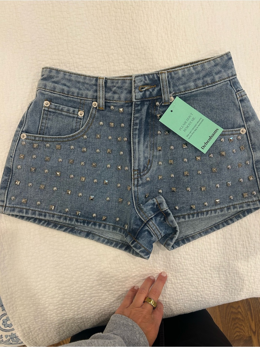 Nastygal Light Blue Studded Denim High-Waist Shorts
